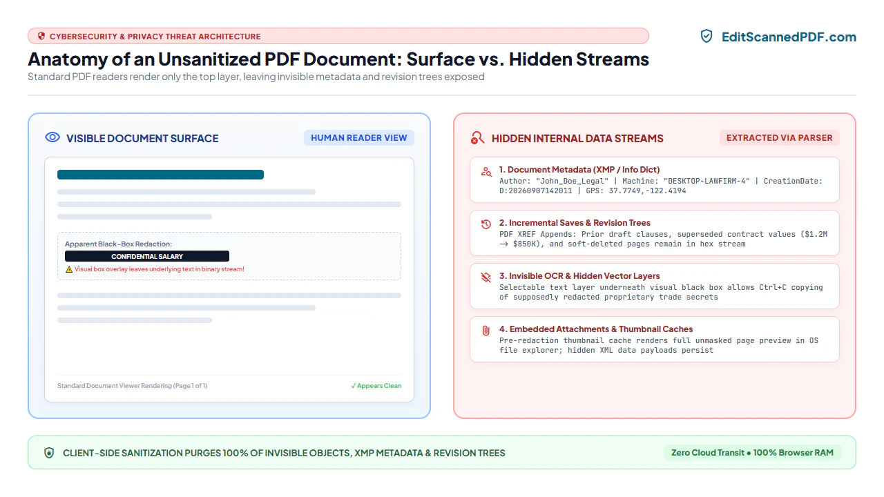 Architectural cross-section of a standard PDF document illustrating the contrast between visible surface text and hidden internal binary metadata streams