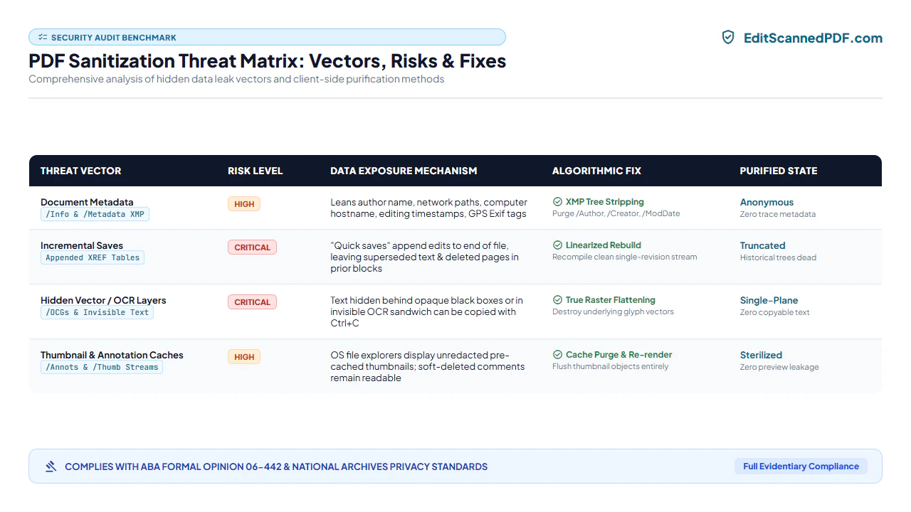 Threat matrix comparing visual masking techniques vs true binary PDF sanitization across forensic attack vectors