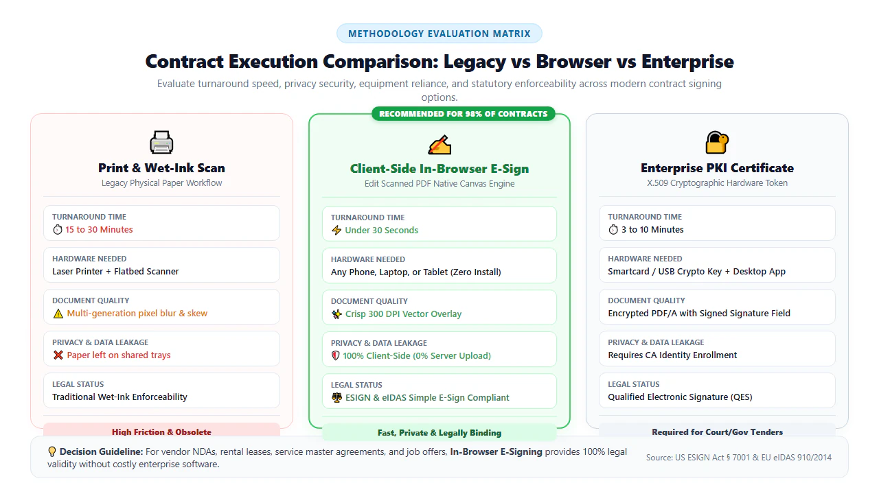 Comparative evaluation matrix showing physical wet ink signature vs commercial cloud signature vs client-side browser e-sign