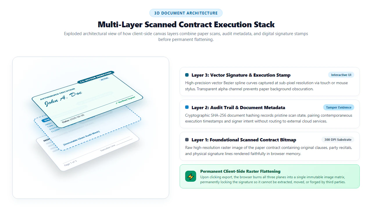 3D exploded architectural diagram of scanned PDF contract signing layers: base scanned document, transparent vector signature layer, and final flattened output layer