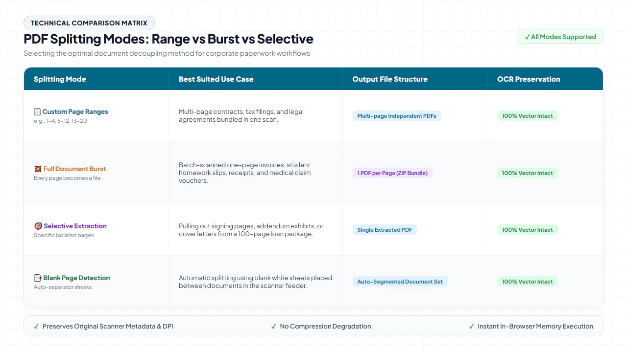 Comparison matrix of PDF splitting methods: Custom Range vs Burst vs Selective Extraction