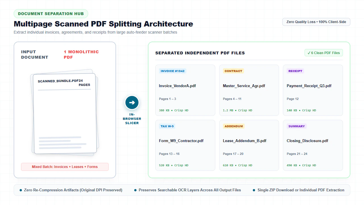 Visual representation of splitting a multipage scanned PDF into individual files