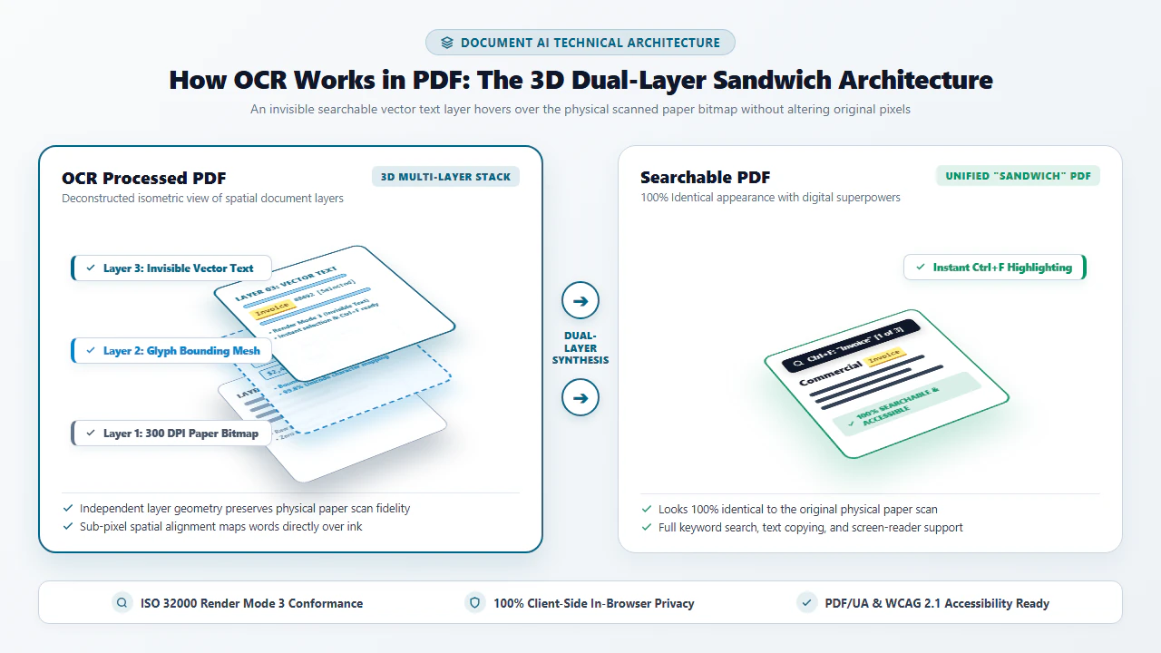 Architectural diagram showing the PDF dual-layer sandwich structure: visible raster image layer on top, invisible OCR text layer below, and text selection overlay