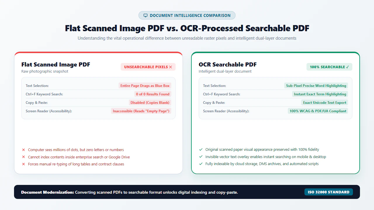 Comparison between static non-searchable scanned image PDF and dual-layer OCR searchable PDF with highlighted text selection