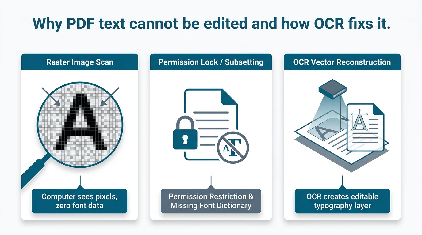 Detailed structural diagram illustrating PDF layers: background raster image layer vs transparent OCR text layer vs interactive annotation layer