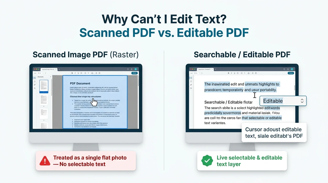 Side-by-side comparison showing scanned image PDF selection vs selectable vector text PDF