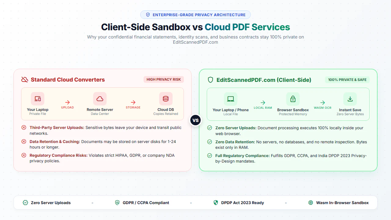 Enterprise data privacy architecture comparing client-side in-browser sandbox with cloud PDF services
