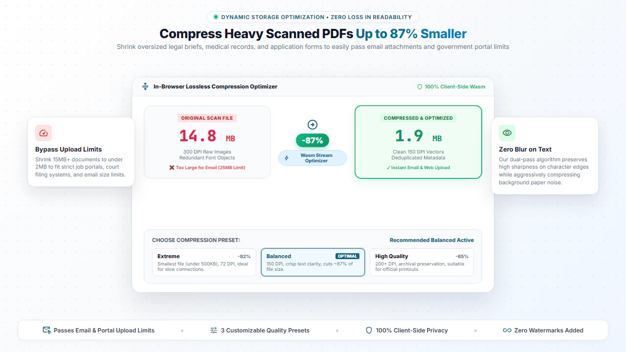 Dynamic storage reduction gauge showing 87 percent file size optimization for scanned PDF documents
