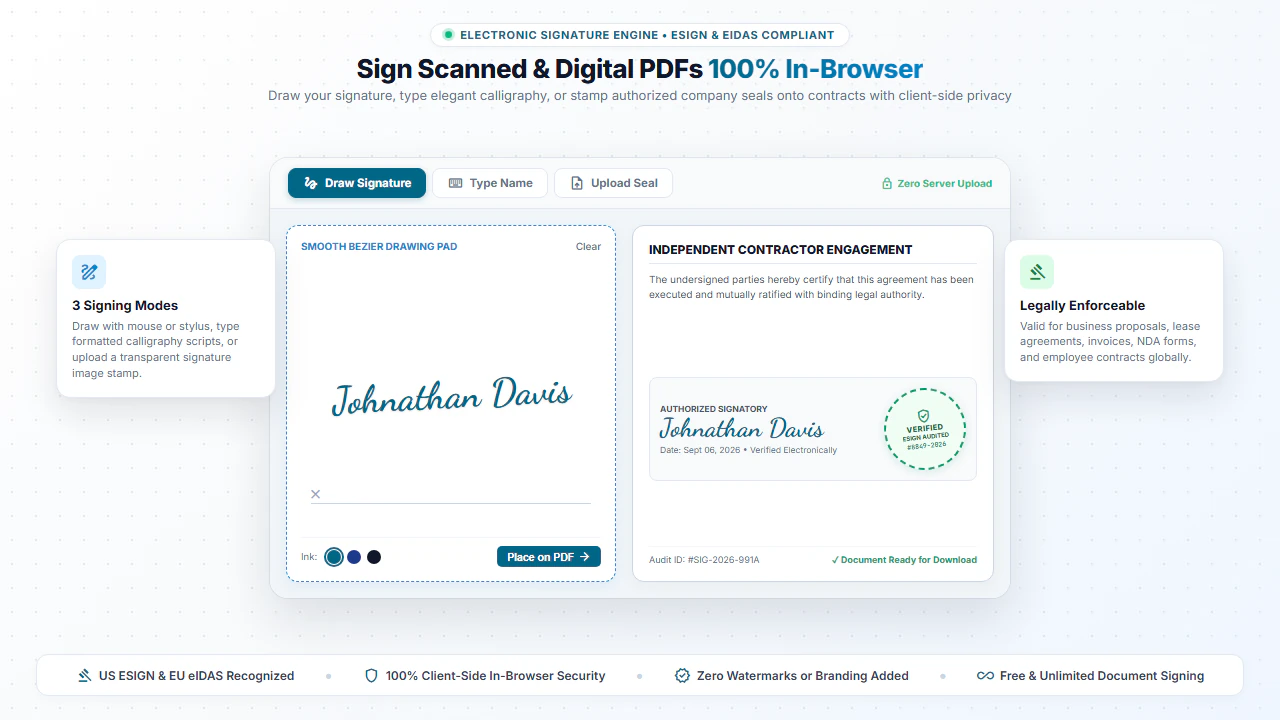Interactive digital signature studio showing drawing pad, cursive signing, and verified ESIGN audit stamp
