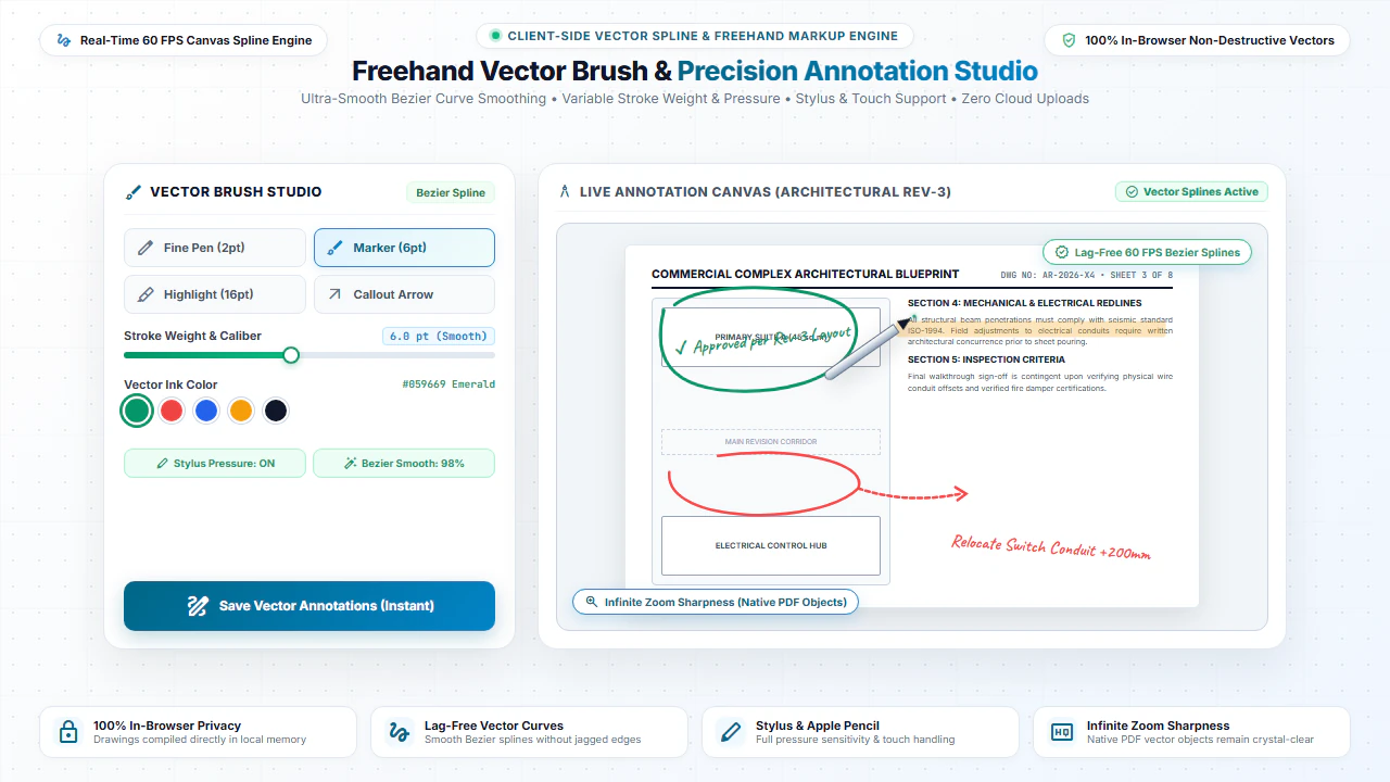 Freehand vector brush and precision annotation studio showing architectural redlines and stylus sketching