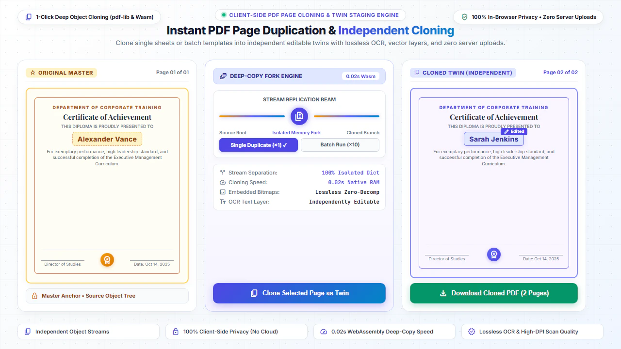 Instant PDF page cloning and duplication staging showing master certificate template cloned into independent editable twin