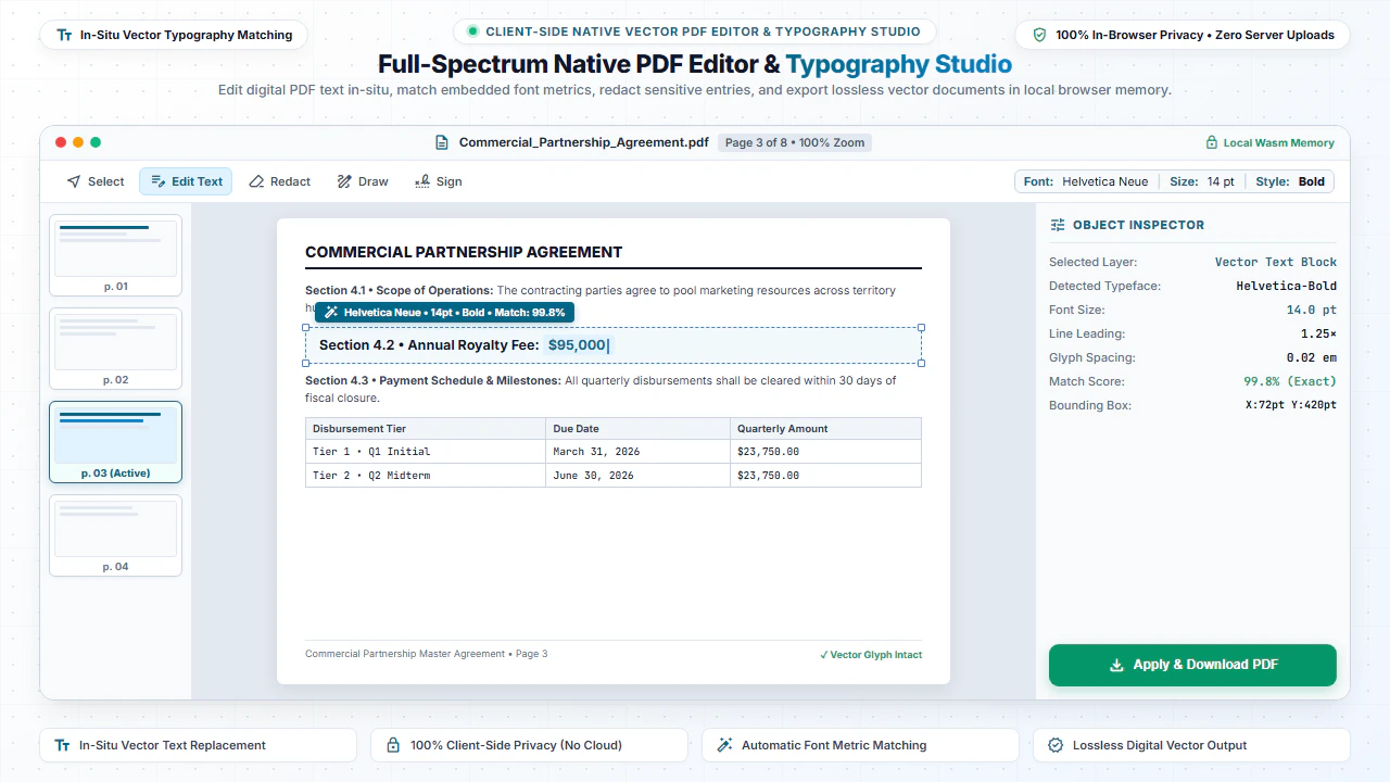 Full-spectrum native PDF editor and typography studio showing in-situ vector text replacement and object property inspector