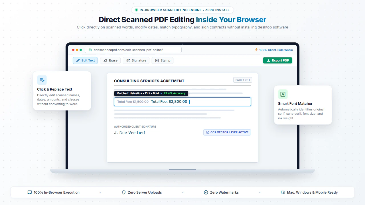 Direct scanned PDF editor interface on laptop screen showing OCR text replacement, typography matching, and in-browser workflow