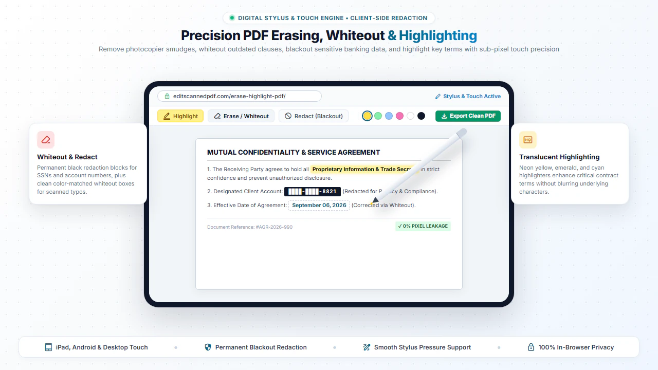 Tablet and stylus interface for erasing, whiting out, redacting, and highlighting PDF documents
