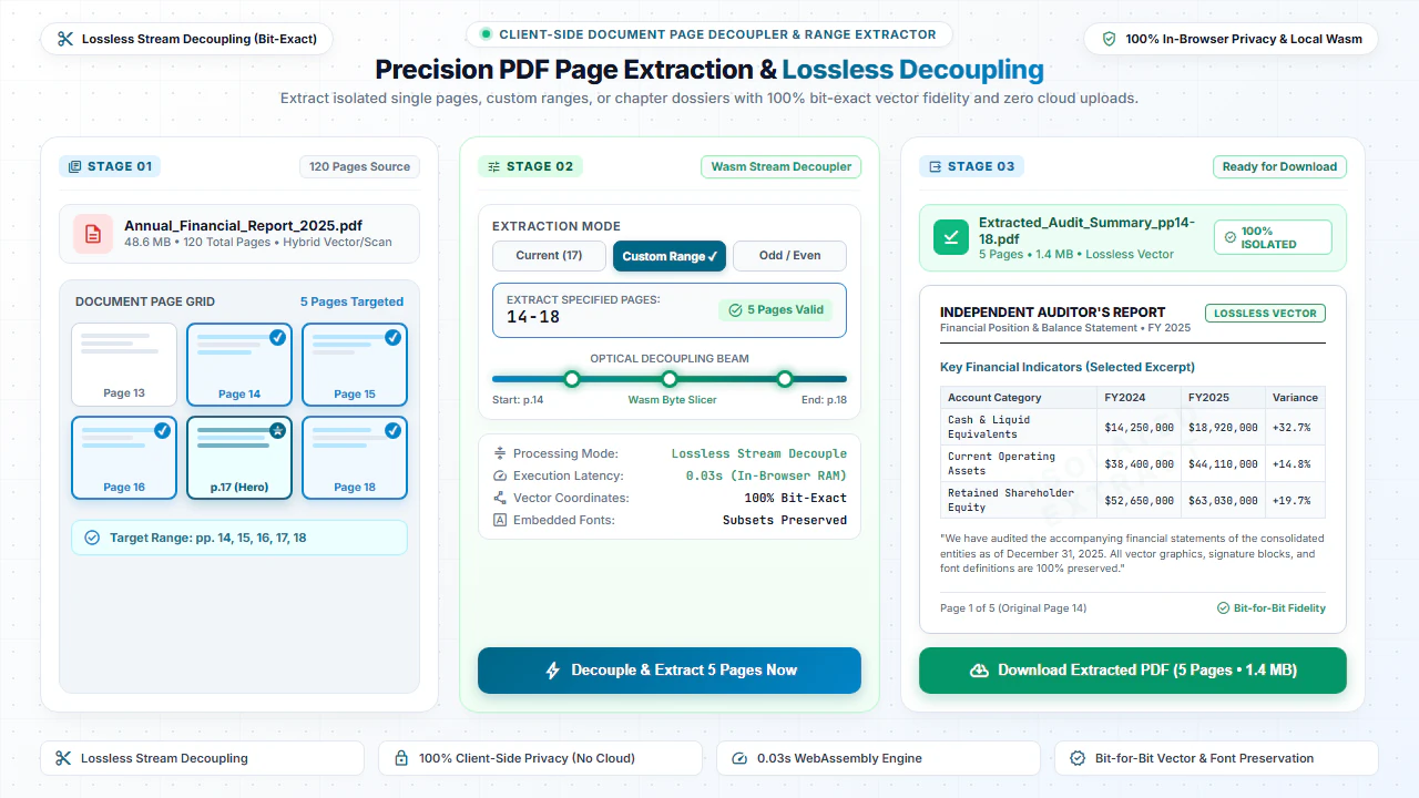 Precision PDF page range extractor and lossless decoupler console showing multi-page dossier decoupling