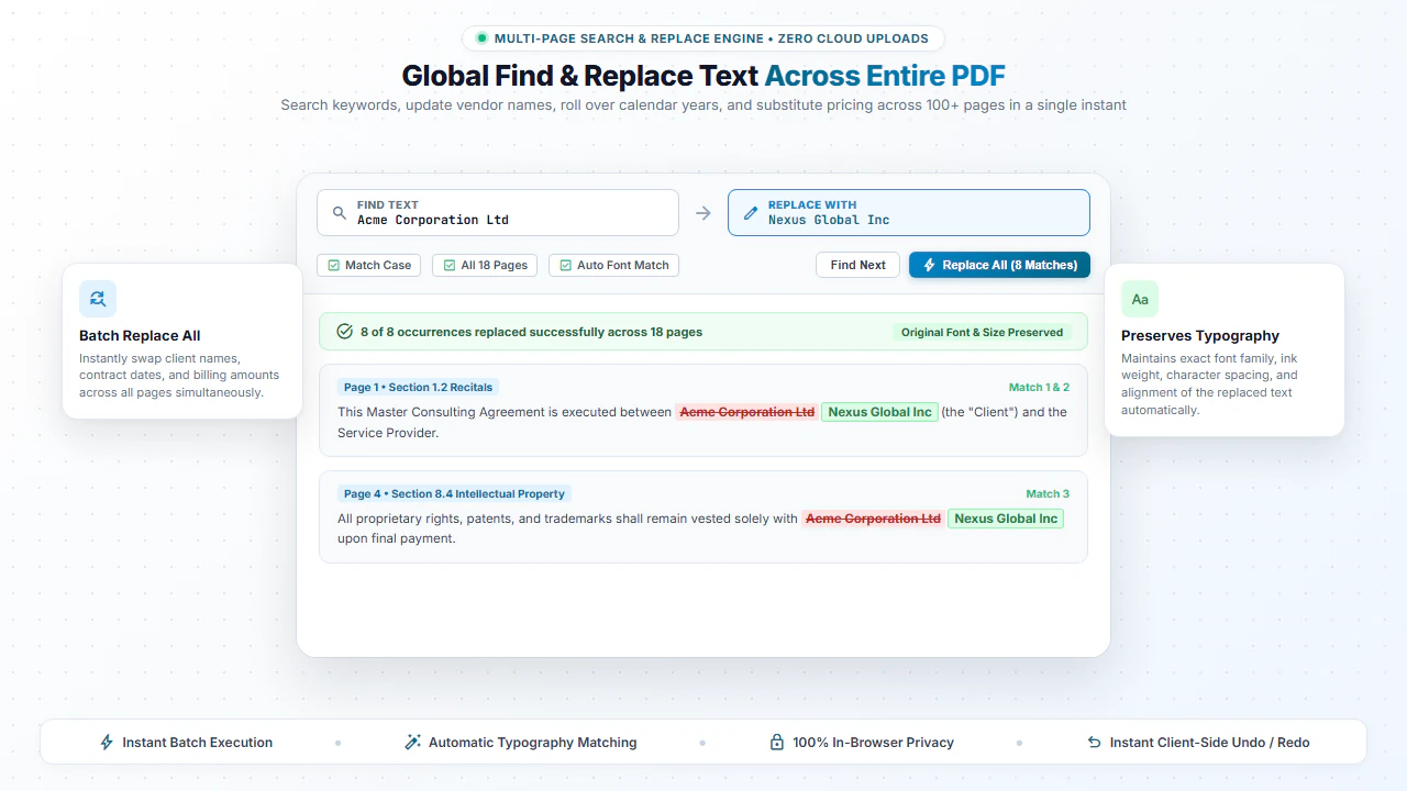 Find and replace PDF control interface showing search input, global replacement, and multi-page diff preview