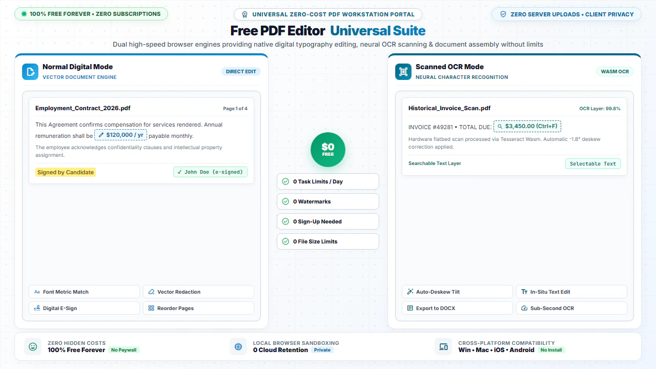 Free PDF Editor online universal dual-engine workstation portal for digital and scanned PDFs