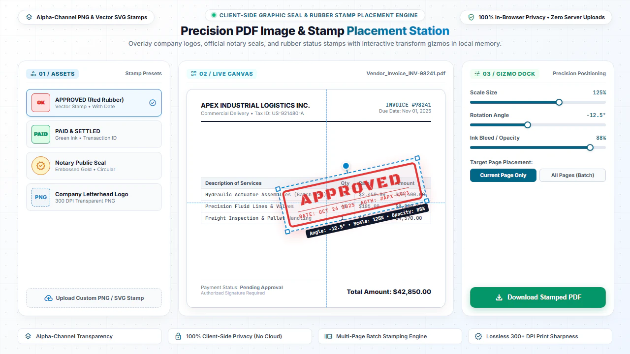 Precision PDF image and stamp placement station showing interactive transform gizmo, rubber stamp positioning, and alignment controls