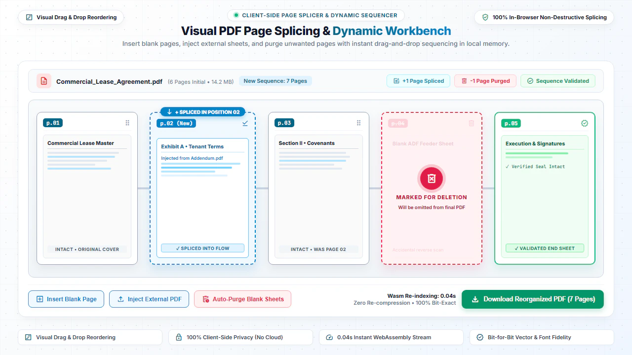 Visual PDF page splicing and dynamic insertion workbench showing document sequencing, blank page insertion, and page deletion