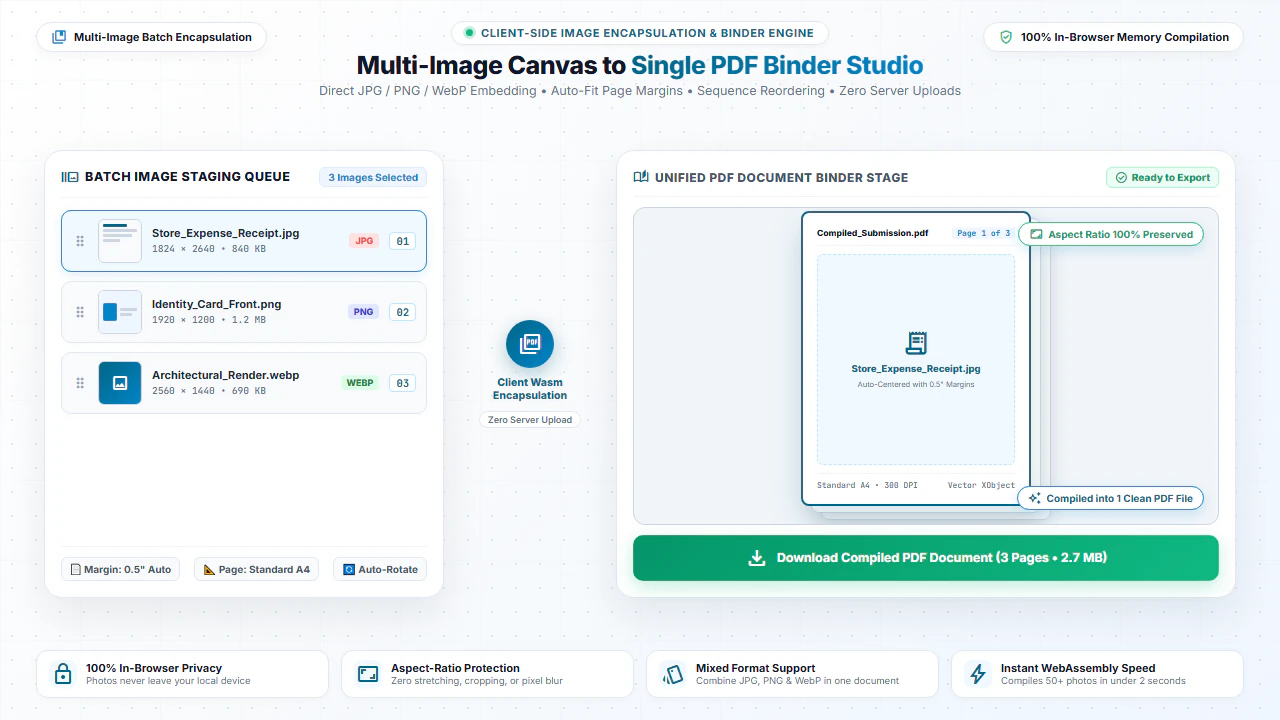 Multi-image canvas to single PDF binder studio showing batch photo queue and compiled document