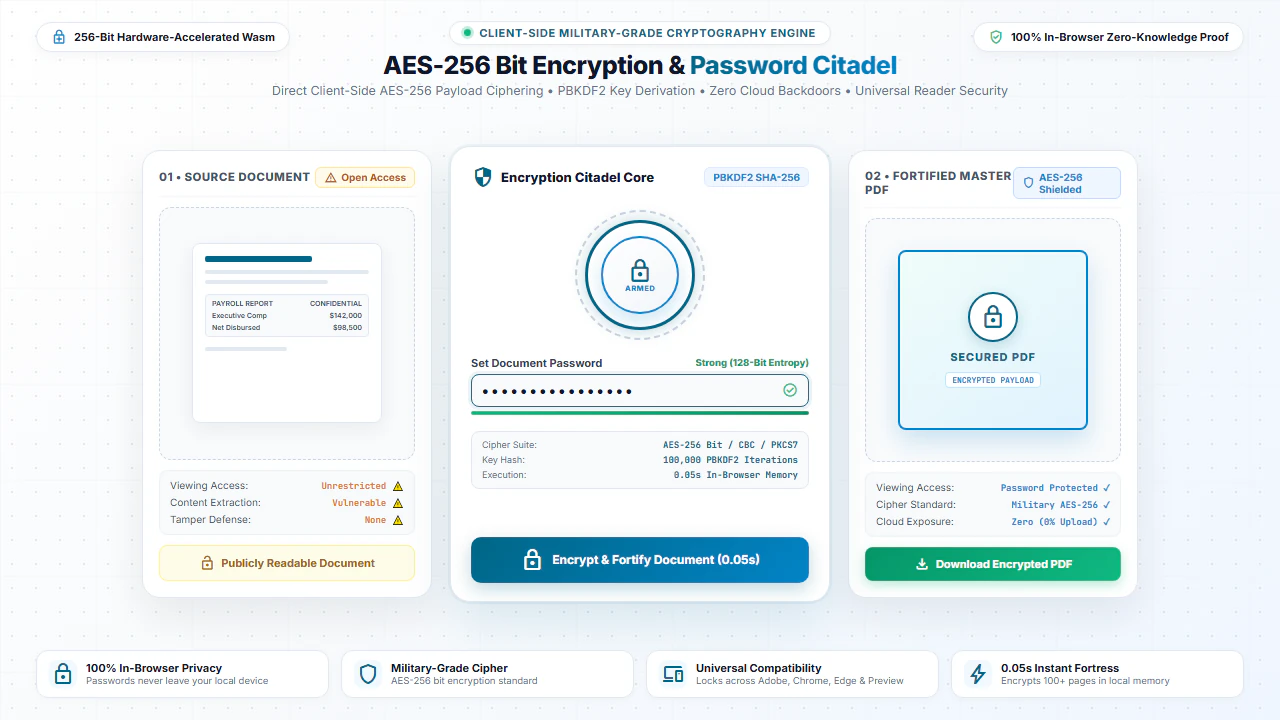AES-256 bit encryption and password citadel showing secure PDF protection