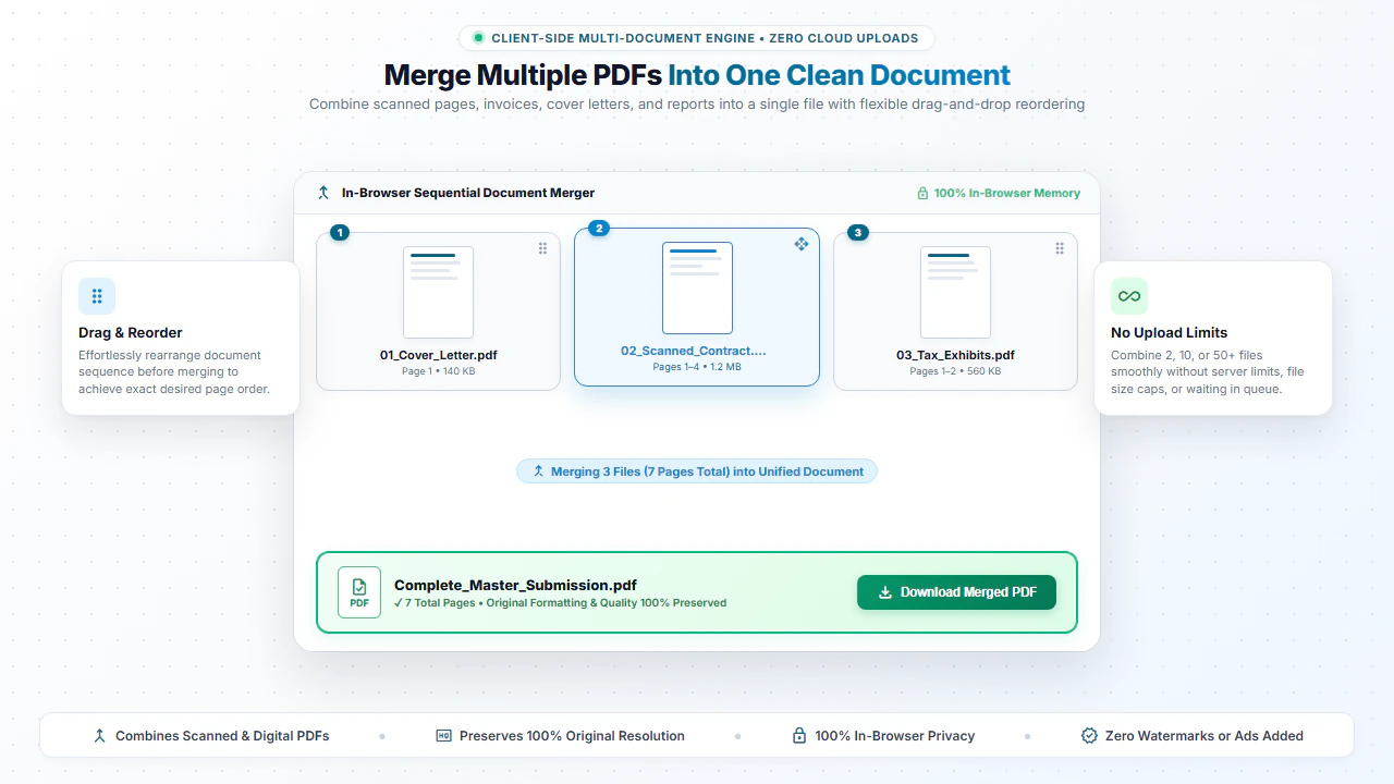 Multi-document drag-and-drop assembly stage showing sequential PDF merging