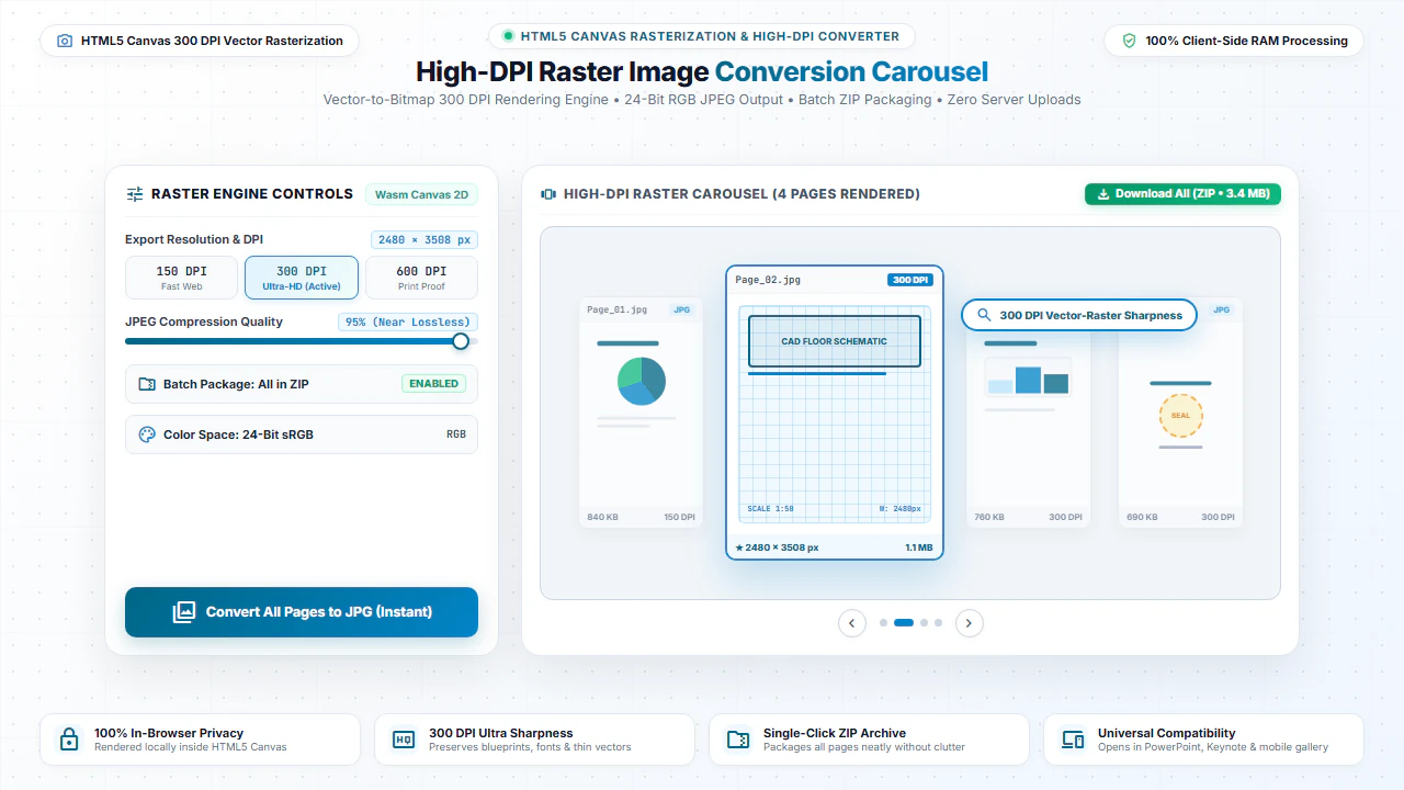High-DPI raster image conversion carousel showing 300 DPI vector to JPEG rendering