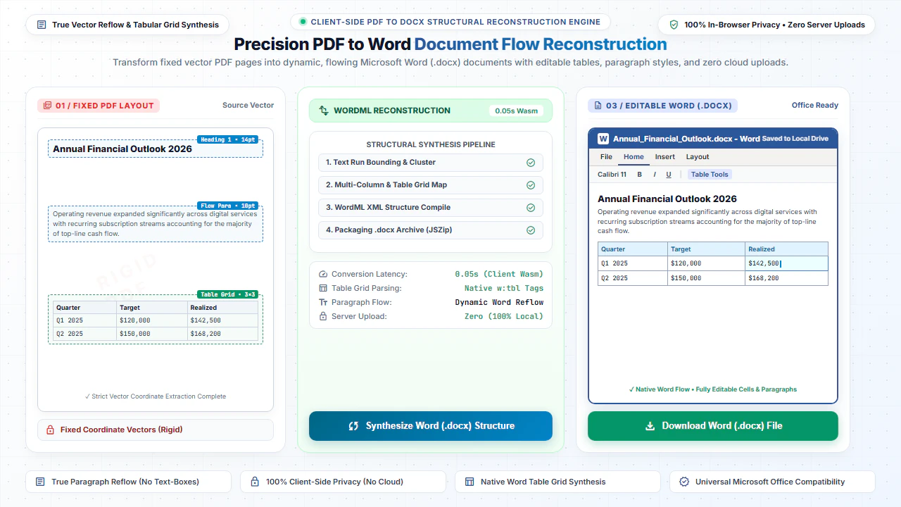 Precision PDF to Word document flow reconstruction canvas showing fixed vector PDF transformed into editable Microsoft Word DOCX