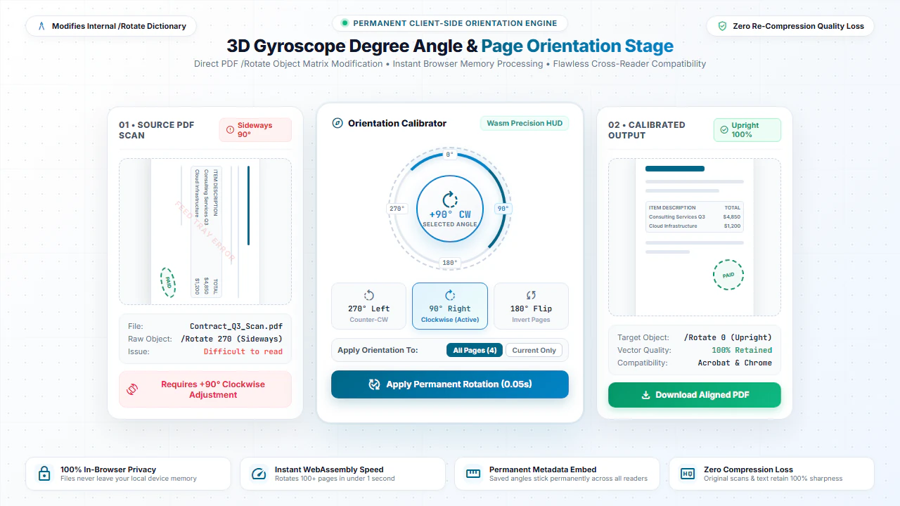 3D gyroscope degree angle and page orientation stage showing permanent PDF rotation calibration