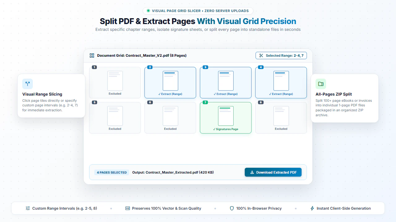 Visual page grid slicer showing custom range selection and PDF page extraction
