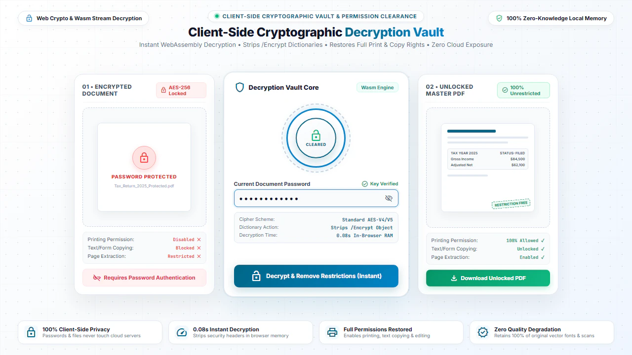 Client-side cryptographic decryption vault showing password removal and permissions restoration