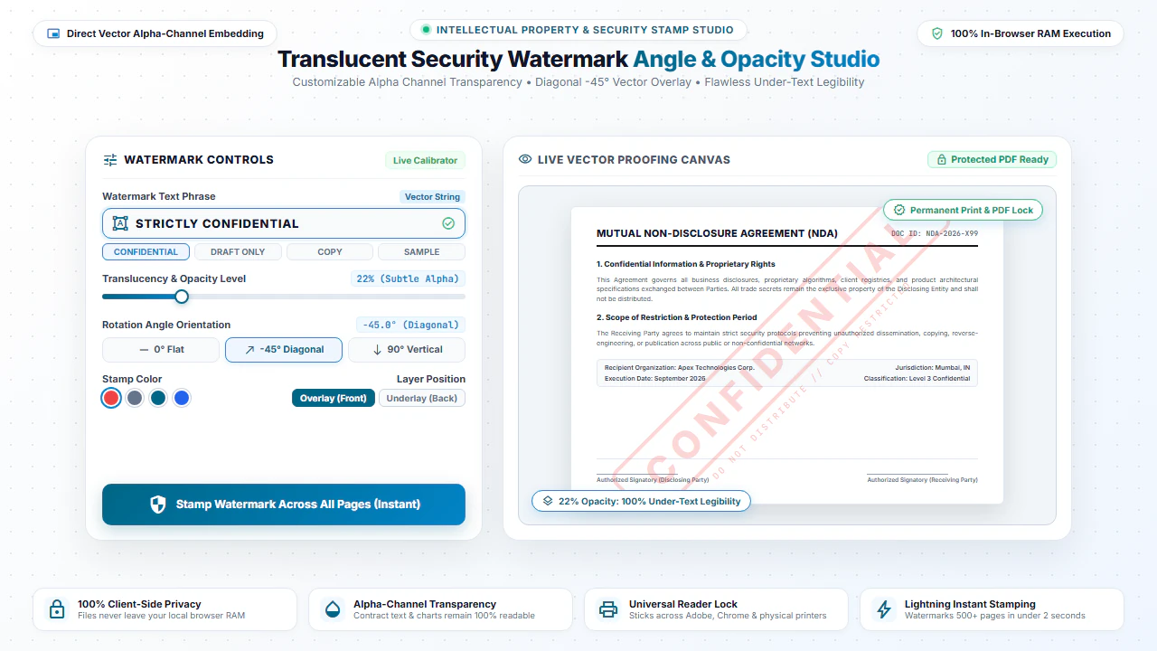 Translucent security watermark angle and opacity studio showing confidential document overlay