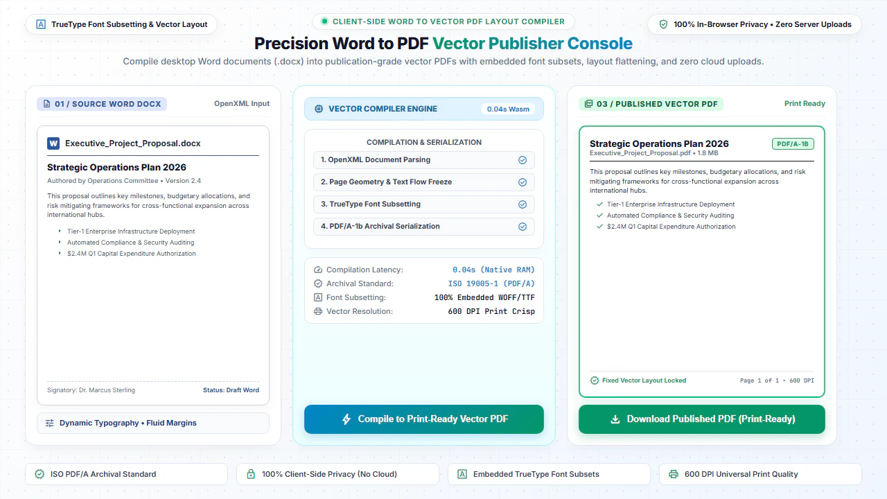 Precision Word to PDF vector publisher console showing desktop Word DOCX compiled into archival-grade print-ready vector PDF